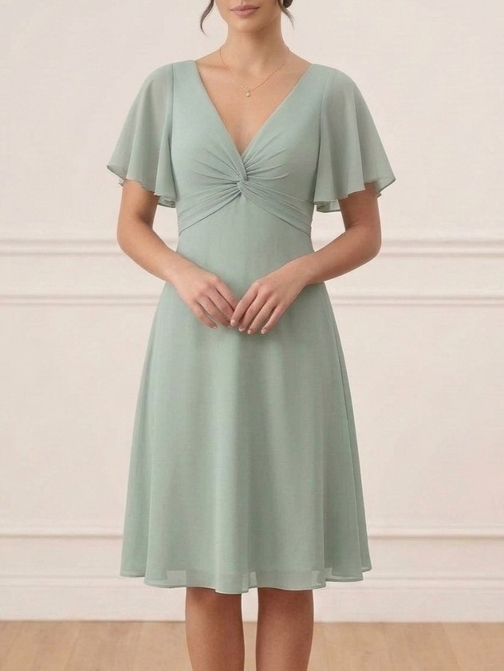 Elegant Sage Green V-Neck Midi Dress with Flutter Sleeves